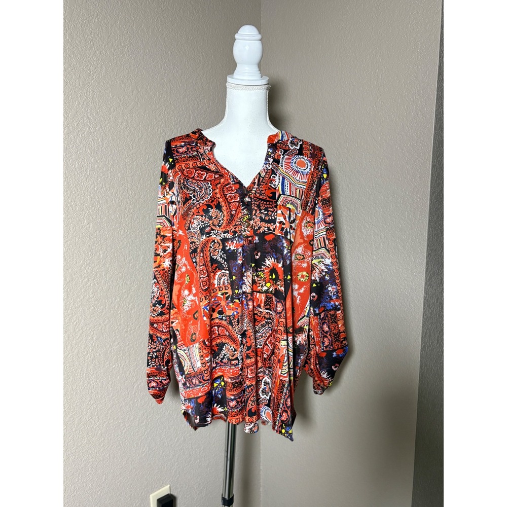 Manhattan Blues Red Mixed Paisley Patchwork Boho Tunic Top Plus Size 3XL Womens
